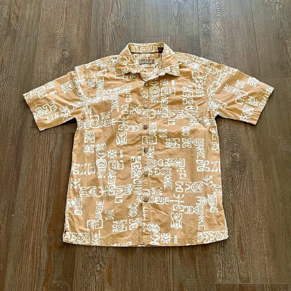 Halo Men's Beige Tropical Print Short Sleeve Button-Down Shirt